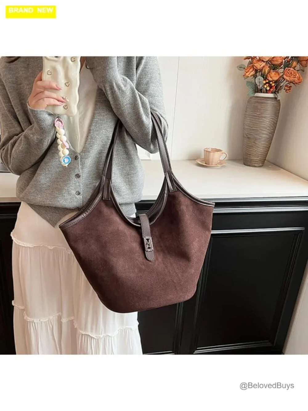 Faux Suede Hobo Tote Bag with Cross Lock, Zipper Closure